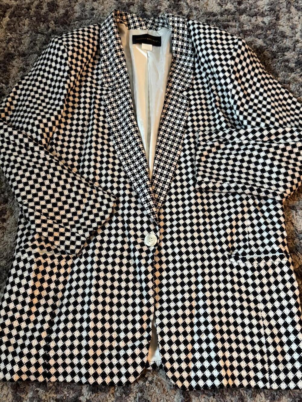 Black White Geometric Blazer Womens M Vintage Textured Jacket 90s Chic